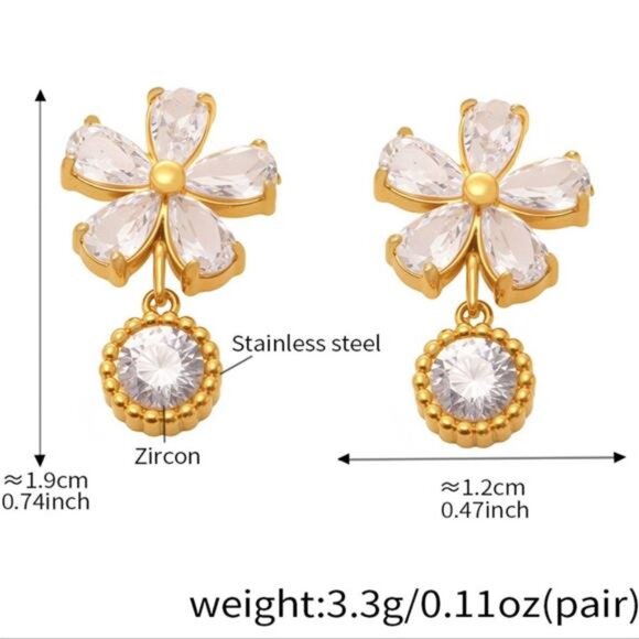 18K Gold-Plated Stainless Steel Zircon Flower Drop Earrings - Picture 7 of 7